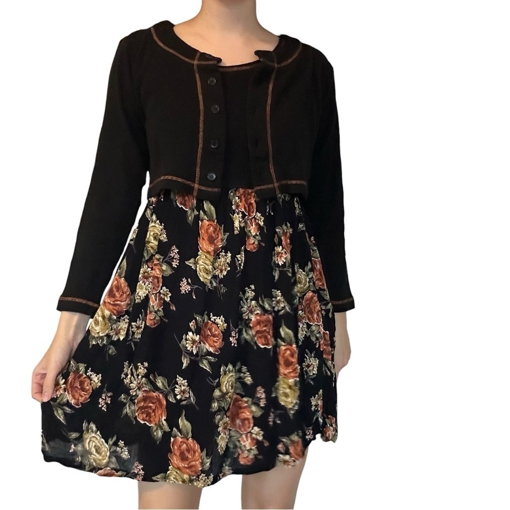 Vintage 1990s Dress Cardigan Set Whimsigoth Black Fall Floral Casual Size Small